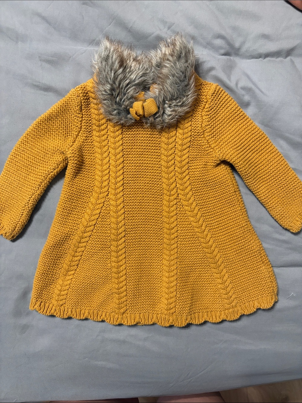 Tahari Mustard Knit Coat with Faux Fur Collar